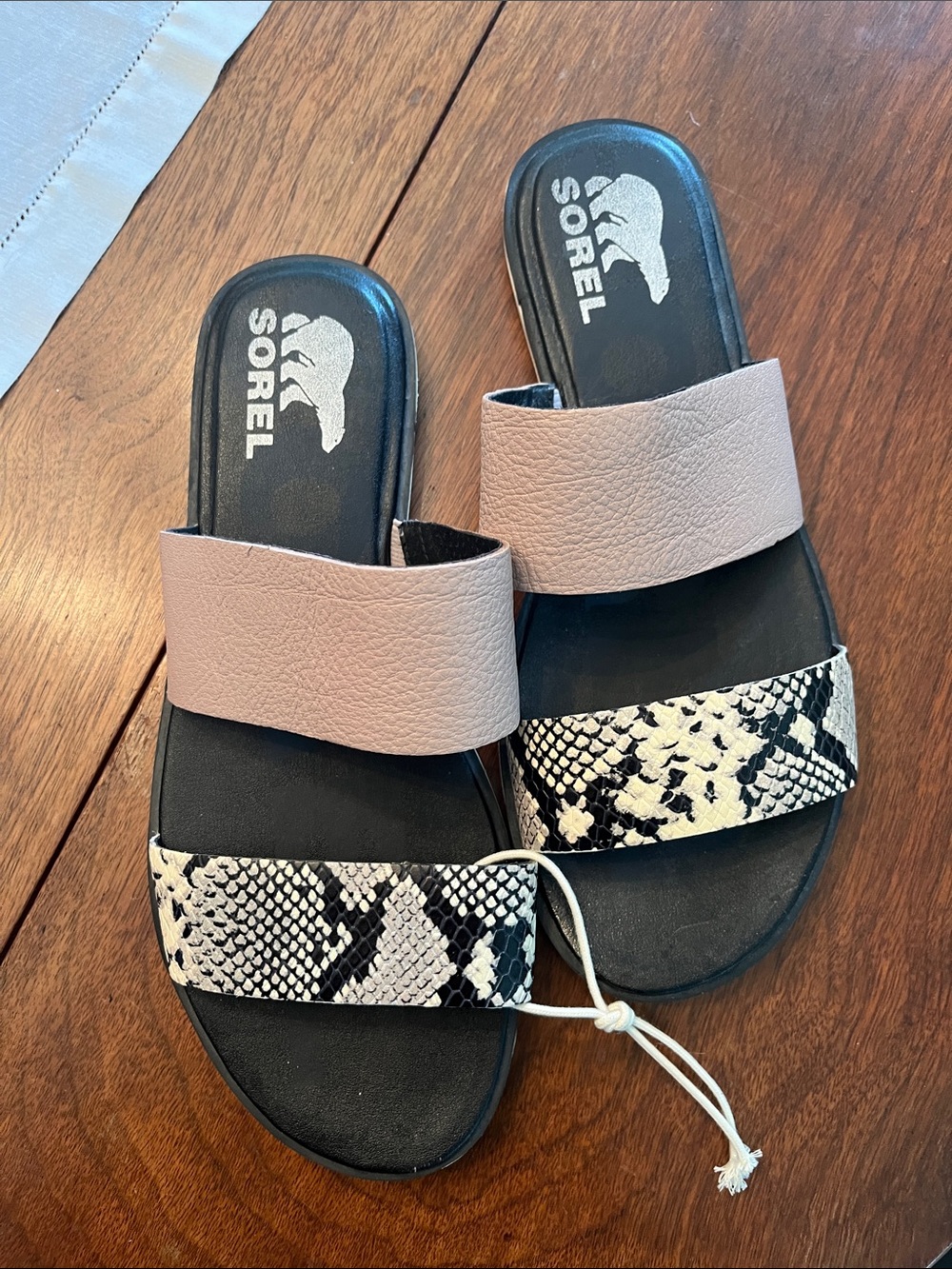 Sorel Two-Band Slide Sandal in Blush and Black Snake-Print